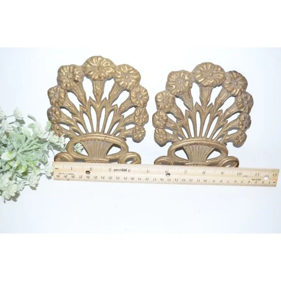 Vtg Art Nouveau Morning Glory Brass Wall Floral Ribbon French Style 2 pc pair Decor